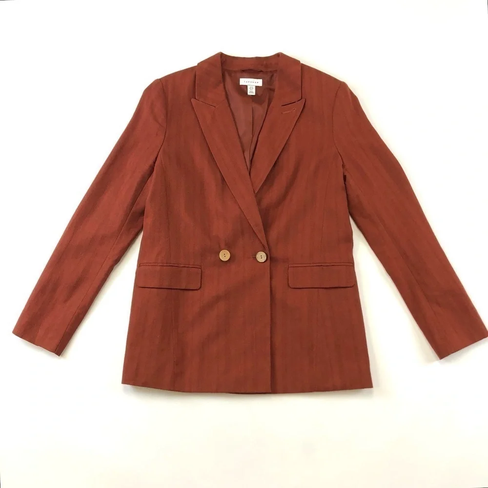 Topshop Rust Self Stripe linen blend double breasted notched collar blazer 6 - Picture 5 of 16